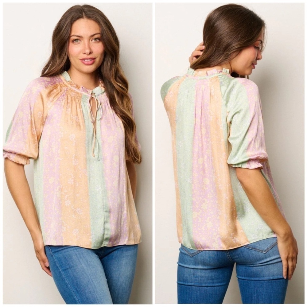 Current Air Green and Orange 3/4 Sleeve Relaxed Blouse